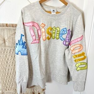 Disneyland Disney Colorful Multicolor Letter Appliqué Embroidered Crewneck Gray